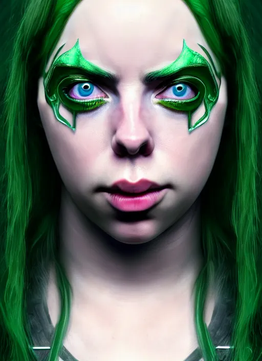 Image similar to Billie Eilish as Female Loki, Goddess of Mischief, beautiful facial symmetry, olive skin color, hyper realistic, hyper detail, very detailed, digital art, trending on artstation, smooth render, 8k octane render,