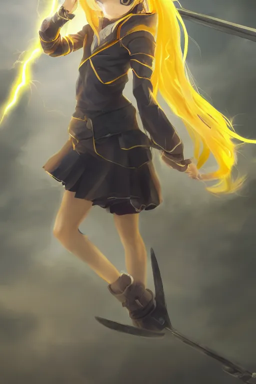 Image similar to anime teen girl with long yellow ponytail wearing white long jacket while holding a lightning scythe with her hands, wlop, concept art, digital painting, trending on artstation, highly detailed, epic composition, 8 k uhd