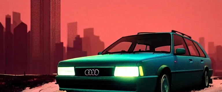 Image similar to Aqua Metallic Audi 80 RS 2 Avant (1995), black car, a gritty neo-noir, dramatic lighting, cinematic, establishing shot, extremely high detail, photorealistic, cinematic lighting, artstation, by simon stalenhag, Max Payne (PC) (2001) winter new york at night, flashing lights, Poets of the Fall - Late Goodbye