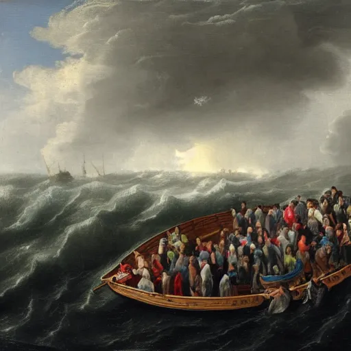 Prompt: a picture of a lot of people in a boat in the middle of a storm.