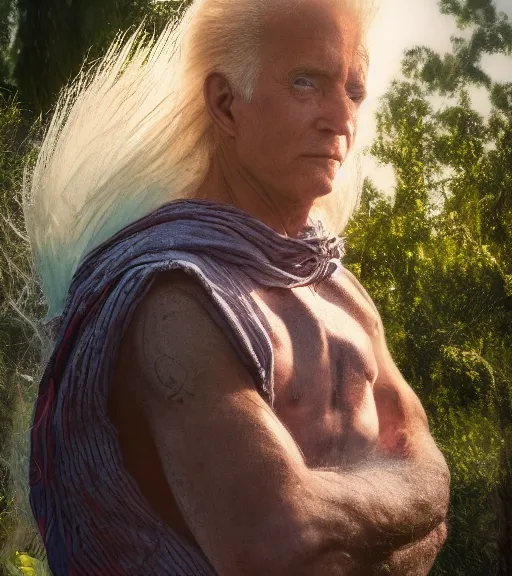 Image similar to award winning 5 5 mm close up portrait color photo of super saiyan biden, in a park by luis royo. soft light. sony a 7 r iv