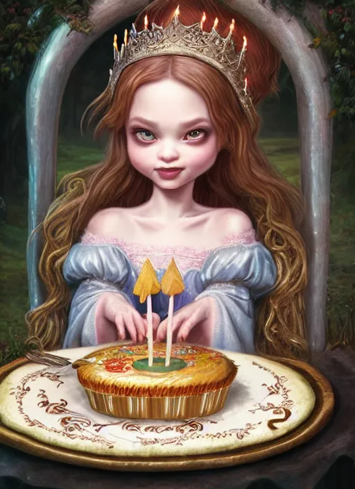 Image similar to highly detailed closeup portrait of a grinning fairytale medieval princess eating birthday cake, unreal engine, nicoletta ceccoli, mark ryden, lostfish, earl norem, global illumination, god rays, detailed and intricate environment