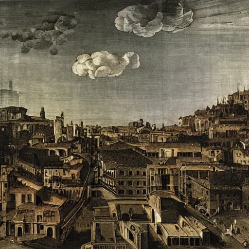 Image similar to print. a cityscape. the different colors and shapes represent different parts of the city. renaissance, dandelion by annibale carracci