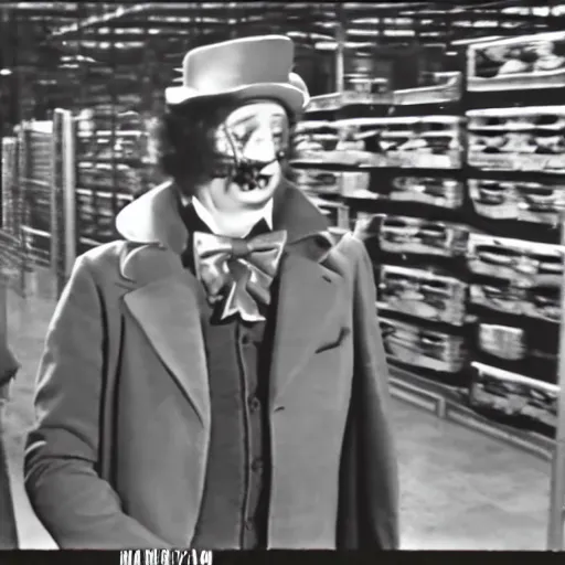 Image similar to security cam footage still of Willy Wonka in his Chocolate Factory