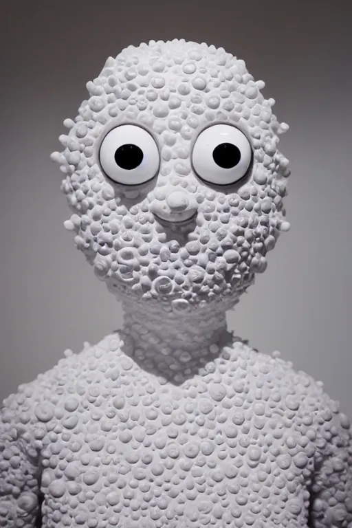 Image similar to full head and shoulders, beautiful porcelain female person, mixed with three giant frog spawn eyes, smooth, delicate facial features, white detailed eyes, white lashes, 3 d white shiny thick, larg tentacles and eyeballs, background is an empty art gallery, by daniel arsham and james jean, featured in pictoplasma