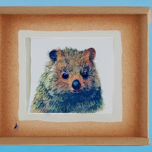 Image similar to detailed illustration, a portrait of a happy quokka on rotttnest island constructed from colored paper, collage, may gibbs, layered composition, layers, texture, textured, layered, sculpted, dynamic, 🦋,