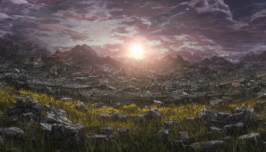 Prompt: the beautiful, chilling, mundane panoramic view of a field after war filled with dead soldier calvary and rocks at dusk. hyperrealistic anime background illustration by kim jung ki, borderlands, colorful, extremely detailed intricate linework, smooth, super sharp focus, bright colors, high contrast, matte, octopath traveler, unreal engine 5 highly rendered, global illumination, radiant light