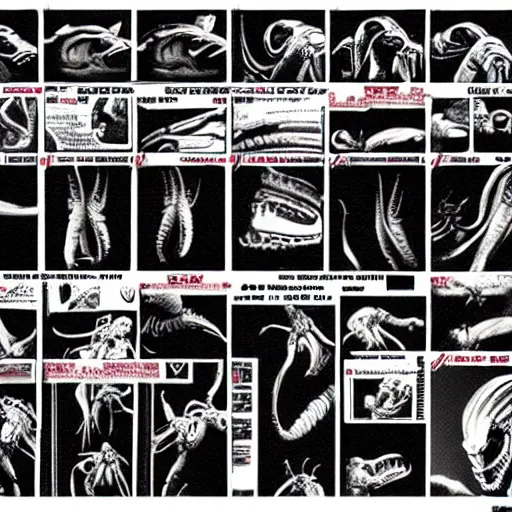 Image similar to xenomorph. film strip. 9 frames.