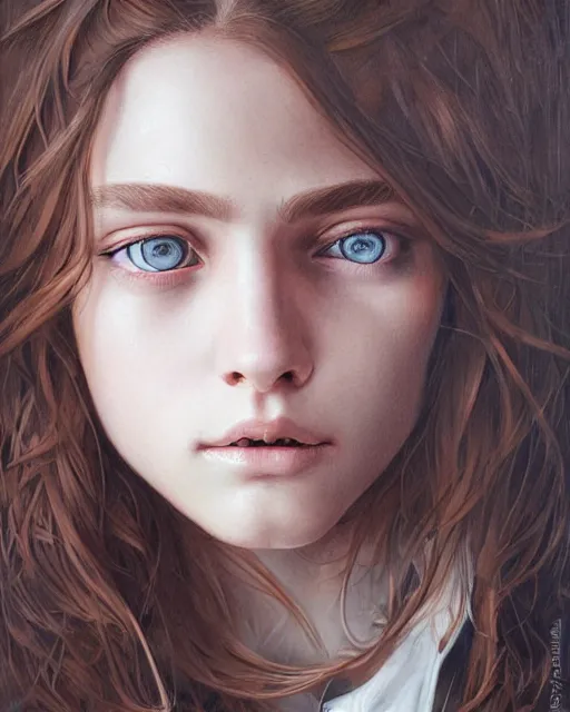 Prompt: symmetry!! portrait of 1 5 - year - old girl with voluminous bushy brown hair, large front teeth, and bright piercing brown eyes, hyper realistic face, beautiful eyes, fantasy art, in the style of greg rutkowski, intricate, hyper detailed, smooth