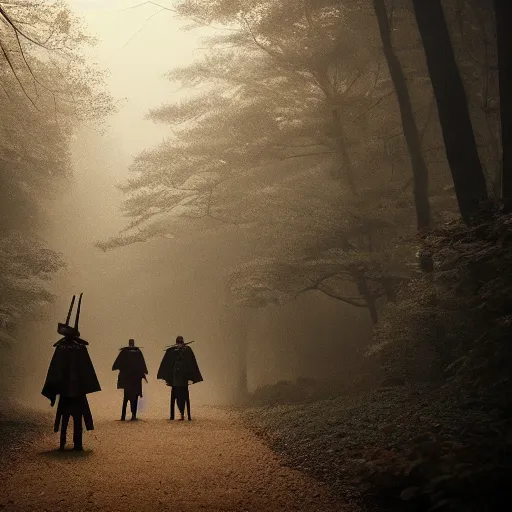 Prompt: a samurai walks with friends through the woods at night, gloomy, dark, foggy, night, ominous, dark color, atmospheric, cinematic lighting, intricate detail?
