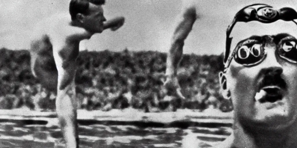 Prompt: film frame of hitler winning the olympics as a swimmer. motivational 4 k quality 2 0 2 2 movie rule of thirds hitler in swimsuit detail cinematic color grading by christopher nolan. sunglasses