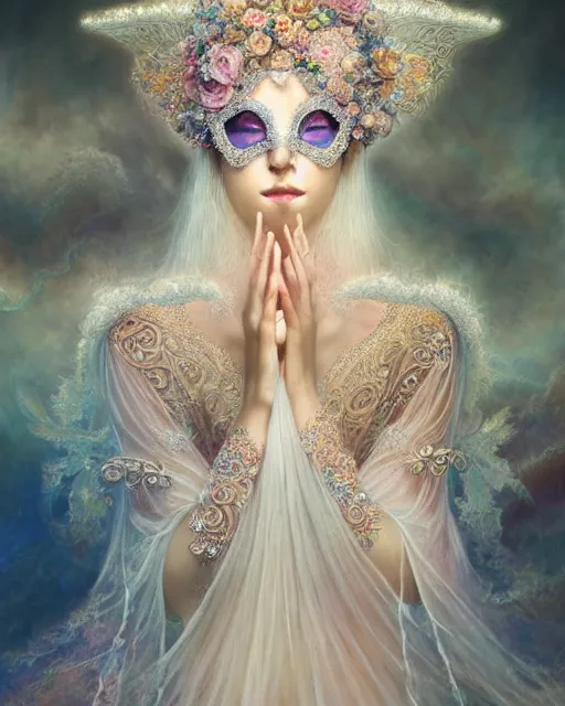 Image similar to beautiful ethereal maiden in a ivory masquerade mask intricate ornate fractal-lace and gemstones, wearing stunning ivory dress, pastel color palette, full view, soft lighting, vivid, Hyperdetailed, 4k hd matte painting by Artgerm, Greg Rutkowski, Klimt, James Jean, 8k resolution, enchanting and otherworldly, Artstation, rendered in octane, Hyperdetailed, front view