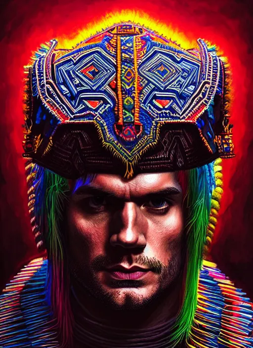 Image similar to portrait of henry cavill, hyper detailed ultra sharp aztec shaman warrior. trending on artstation, warpaint aesthetic, bloodwave, colorful, psychedelic, ornate, intricate, digital painting, concept art, smooth, sharp focus, illustration, art by artgerm and greg rutkowski and h. r. giger, 8 k