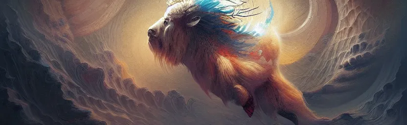 Image similar to sacred angry buffalo, acanthus scroll, ceremonial clouds, dripping paint, fibonacci rhythm, artstation, art germ, wlop, karol bak, christopher balaskas, ross tran