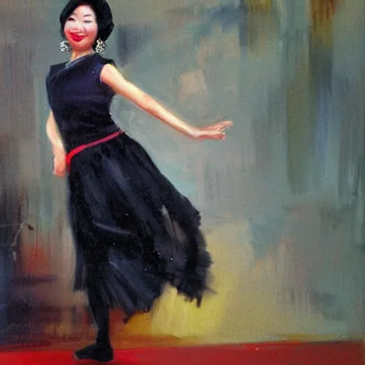 Image similar to a beautiful Asian woman dancing the Charleston on the living room carpet with joy, fair skin, red lips, black hair, oil painting, by Sherree Valentine Daines, 8k