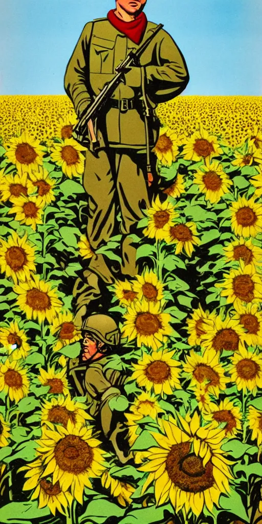 Image similar to Communist Propaganda Poster of a soldier in a sunflower field.