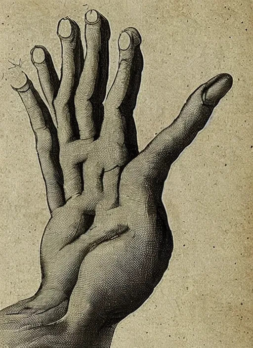 Image similar to “18th century scientific illustration of a hand with 6 fingers.”