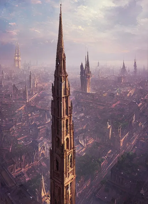 Prompt: a teenage girl stands on top of the tallest spire in a gothic fantasy city. zoomed out view. beautiful painting by greg rutkowski