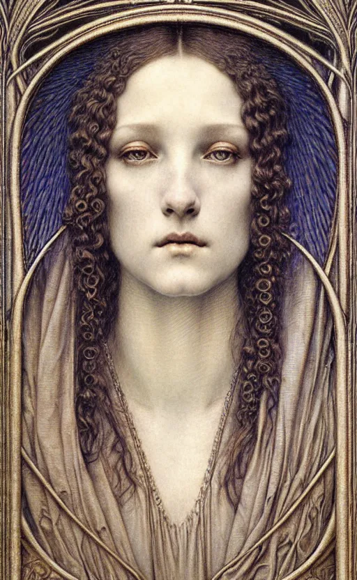 Image similar to detailed realistic beautiful young medieval queen face portrait by jean delville, gustave dore and marco mazzoni, art nouveau, symbolist, visionary, gothic, pre - raphaelite. horizontal symmetry