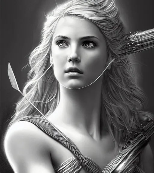 Image similar to portrait of very beautiful aphrodite goddess as an archer, arrow, beautiful piercing eyes, flowing blonde hair, realistic face, black and white drawing, in the style of greg rutkowski, fantasy, amazing detail, epic, intricate, elegant, smooth, sharp focus