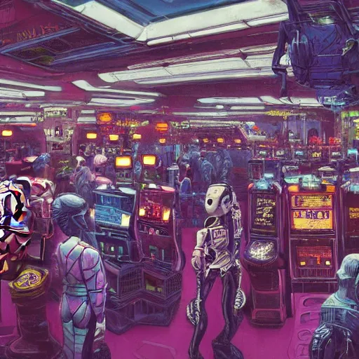 Prompt: highly detailed crowded used future casino, robots humans and extraterrestrials, on a crowded space station, jim henson creature shop, 1 9 8 0 s science fiction, 1 9 7 0 s science fiction, alien 1 9 7 9, cyberpunk, 3 d oil painting, depth perception, 4 k, artstation