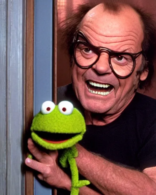 Prompt: Jack Nicholson as a muppet peers menacingly thru a gaping hole in a door recreating a scene from The Shining.