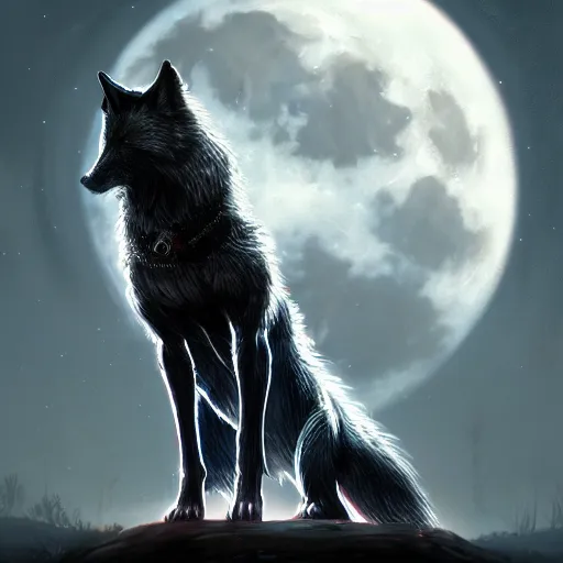 Prompt: beautiful portrait painting of a dark fantasy, urban fantasy wolf standing in front of a full moon, cgsociety, trending on artstation