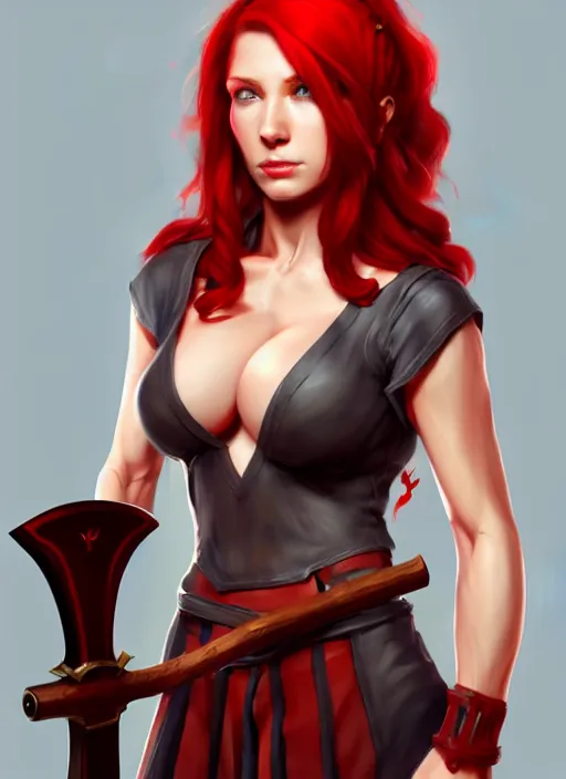 Image similar to a woman with red hair holding two large axes, concept art by senior character artist, true anatomy, extremely beautiful face, extremely detailed face, artstation contest winner, fantasy art, concept art, artstation hd, 2 d game art