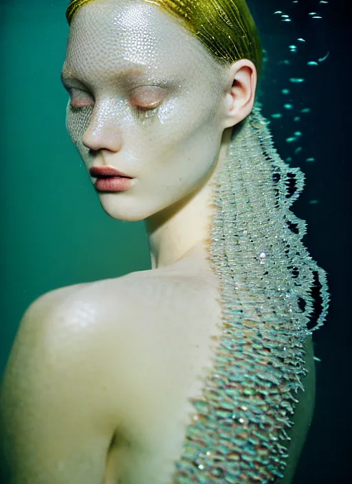 Prompt: kodak portra 4 0 0 photo portrait of a beautiful sirens floating in a crystal tank in style of tim walker, amphibian skin dress intricate detailed scales, 5 0 mm lens, f 2. 4, elegant, highly detailed, sharp focus, ethereal, out worldly colours, emotionally evoking, head in focus, soft blur light dreamy underwater, volumetric lighting, epic fantasy