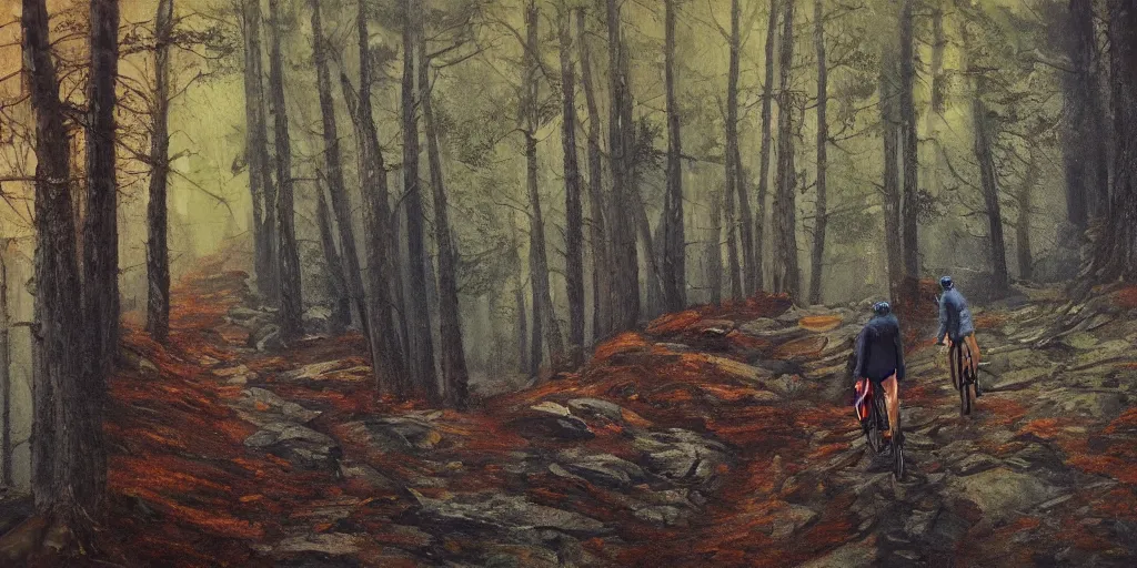 Image similar to Exact two men biking alone up a steep forest hill. One with a deep dark blue sweater and the other with a wine red sweater. sweaty. Oil painting. Emotional. Trending on artstation. Steep. Nordic Trees. Rustic. Artistic.