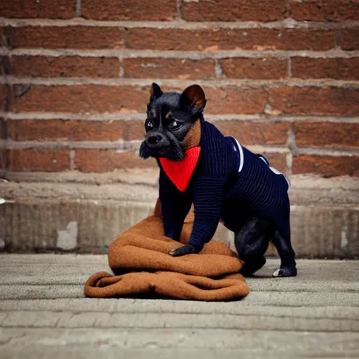 Image similar to puppy wearing a duffel coat