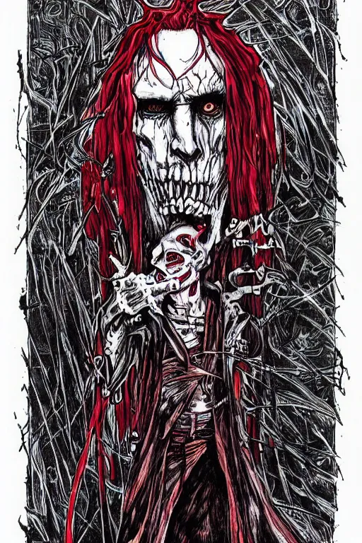 Prompt: red ink comic art eldritch portrait of a robert smith trent reznor hybrid as a lich by todd mcfarlane
