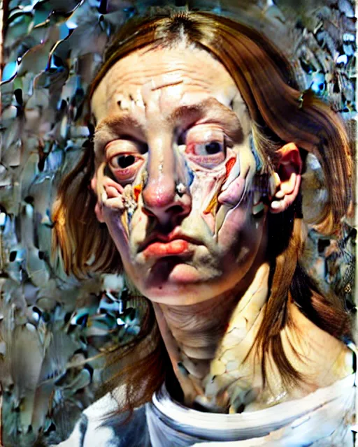 Image similar to a close up portrait a very ordinary young woman with a distracted expression, low angle, facing front, looking up, by Lucian Freud and Jenny Saville, oil painting, anatomically correct, beautiful perfect face, visible brushstrokes, sharp focus, Highly Detailed, Cinematic Lighting, 8k, HD