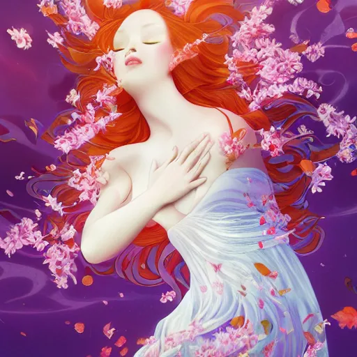 Image similar to Ginger woman in a swirling sundress of flowers, underwater, floral explosion, radiant light, vortex of plum petals, by WLOP, Hasui Kawase and artgerm, artstation, deviantart