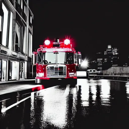 Prompt: A firetruck at night, city streets, back view, off angle, rule of thirds, dark shading, flashing lights, wet reflective concrete, city, photograph, award winning, deviantart