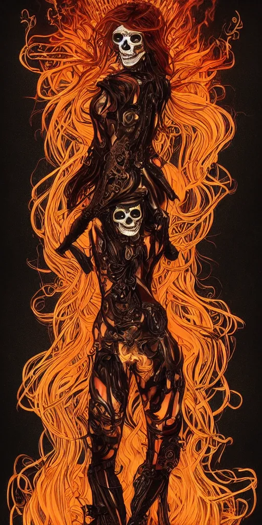 Prompt: a finely detailed beautiful!!! feminine cyberpunk ghost rider with skull face and long flowing hair made of fire and flames, dressed in black leather, by Alphonse Mucha, designed by H.R. Giger, legendary masterpiece, stunning!, saturated colors, black background, full body portrait, zoomed out to show entire image, trending on ArtStation