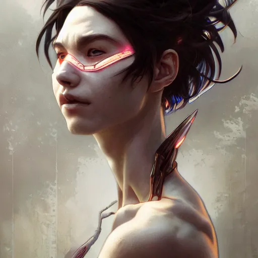 Image similar to brutalist Portrait of Hiro Protagonist , intricate, wild, highly detailed, digital painting, artstation, concept art, smooth, sharp focus, illustration, art by artgerm and greg rutkowski and alphonse mucha and Hajime Sorayama