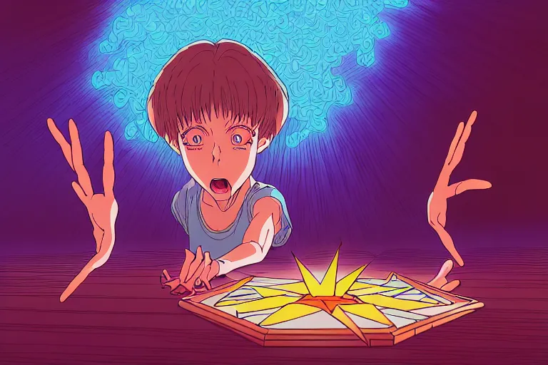 Image similar to digital illustration of a horrified child performing a ritual to summon a powerful demon, clean lines, extreme detail, cel - shaded anime key visual in the style of moebius, ayami kojima, 9 0's anime, retro fantasy, studio ghibli, studio trigger