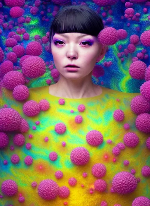 Image similar to hyper detailed 3d render like a Oil painting - kawaii Aurora (Singer) seen Eating of the Strangling network of colorful yellowcake and aerochrome and milky Fruit and Her delicate Hands hold of gossamer polyp blossoms bring iridescent fungal flowers whose spores black the foolish stars by Jacek Yerka, Mariusz Lewandowski, Houdini algorithmic generative render, Abstract brush strokes, Masterpiece, Edward Hopper and James Gilleard, Zdzislaw Beksinski, Mark Ryden, Wolfgang Lettl, hints of Yayoi Kasuma, octane render, 8k