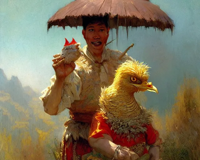 Image similar to a man dressed as a chicken scaring asian childrens, highly detailed painting by gaston bussiere, craig mullins, j. c. leyendecker 8 k