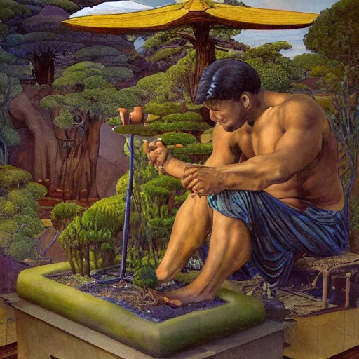 Image similar to Muscular African gardener cutting bonsai trees, grey Hair, idyllic Garden, by Annie Swynnerton and Nicholas Roerich and jean delville, glowing paper lanterns, strong dramatic cinematic lighting , ornate tiled architecture, lost civilizations, smooth, sharp focus, extremely detailed