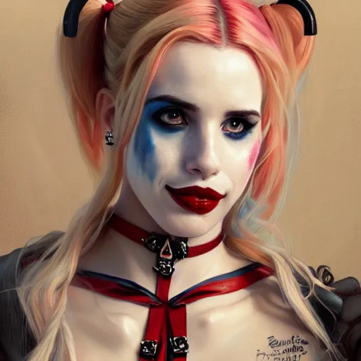 Image similar to Beautiful Emma Roberts as Harley Quinn, western, D&D, fantasy, intricate, elegant, highly detailed, digital painting, artstation, concept art, matte, sharp focus, illustration, art by Artgerm and Greg Rutkowski and Alphonse Mucha