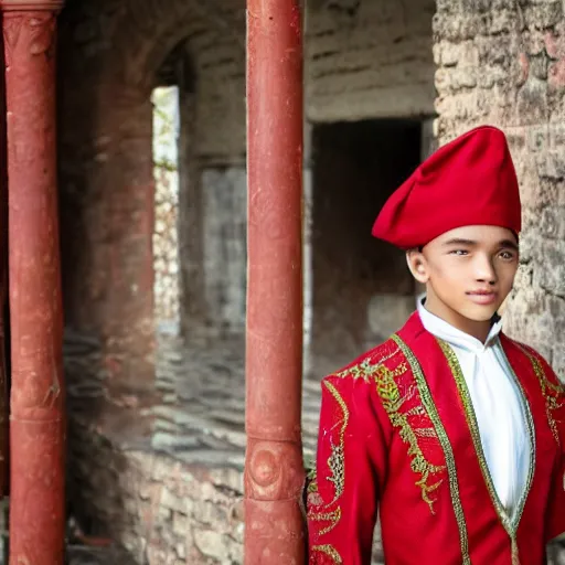 Prompt: teenage Caucasian boy modeling malacca sultanate gear