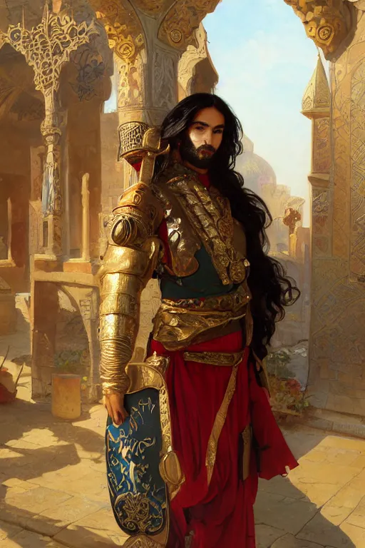 Prompt: 3 / 4 portrait, young persian warrior, male, long black hair, garnet, turquoise, orientalist, 1 6 k, very detailed, sunny medieval iranian city, warm natural lighting, gold details, marc simonetti, alphonse mucha, sung choi, artstation, greg rutkowski, sharp focus, octane render