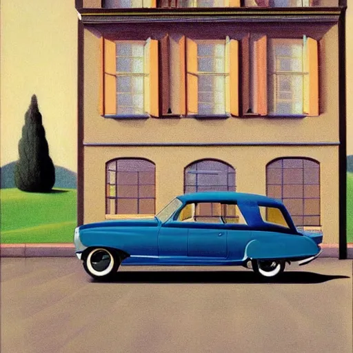 Prompt: an amazing car adventure across the country-side by Raphael, Hopper, and Rene Magritte. detailed, romantic, enchanting, trending on artstation.