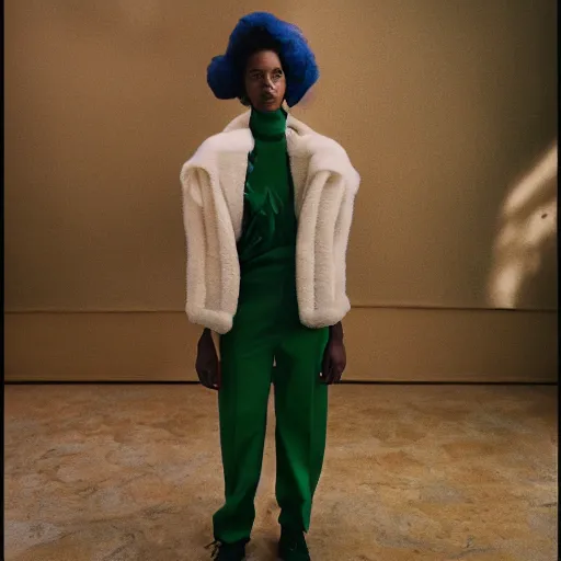 Image similar to realistic photoshooting for a new balenciaga lookbook, color film photography, portrait of a beautiful woman, by photo in style of Tyler Mitchell, wes anderson, Julia Hetta, Tim Walker, Petra Collins, 35mm,