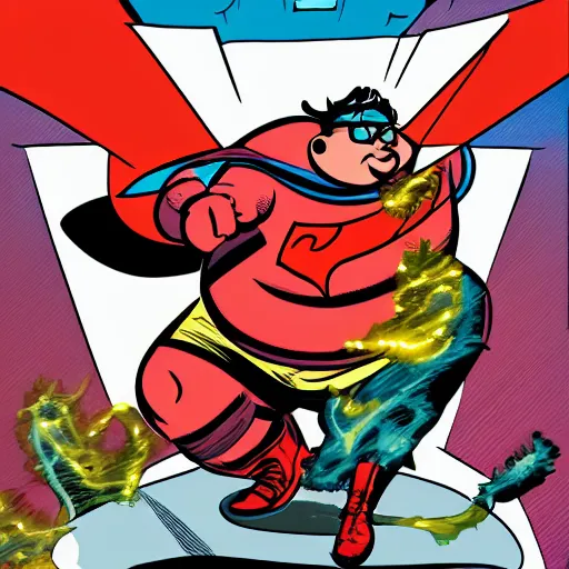 Prompt: A fat nerd as a comic book hero fighting off evil,, 4k, comic book cover