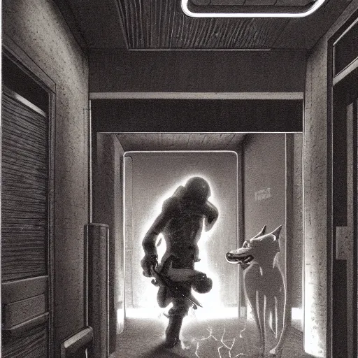 Image similar to the scp foundation mtf fighting off evil clifford the big red dog in a dark laboratory hallway, intricate, dramatic lighting, elegant, hyper realistic, smooth, highly detailed, ralph mcquarrie