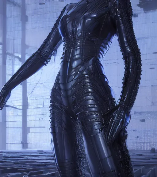 Image similar to tarkovsky greatest scene, aura of the ancient destroyed majestic tower of babylon, woman in gantz suit, futuristic cyber clothing, transparent puffer jacket, hyperealistic, blockchain, cyber world, ambient lighting, concept art, intricate, hyper detailed, smooth, dynamic volumetric lighting, octane, ray trace, cinematic, high quality, cgsociety