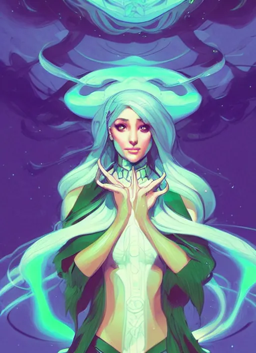 Image similar to style artgerm, joshua middleton, illustration, ariana grande as a high priestess wearing green pelt light armor, anime eyes, blue hair, swirling water cosmos, fantasy, dnd, cinematic lighting